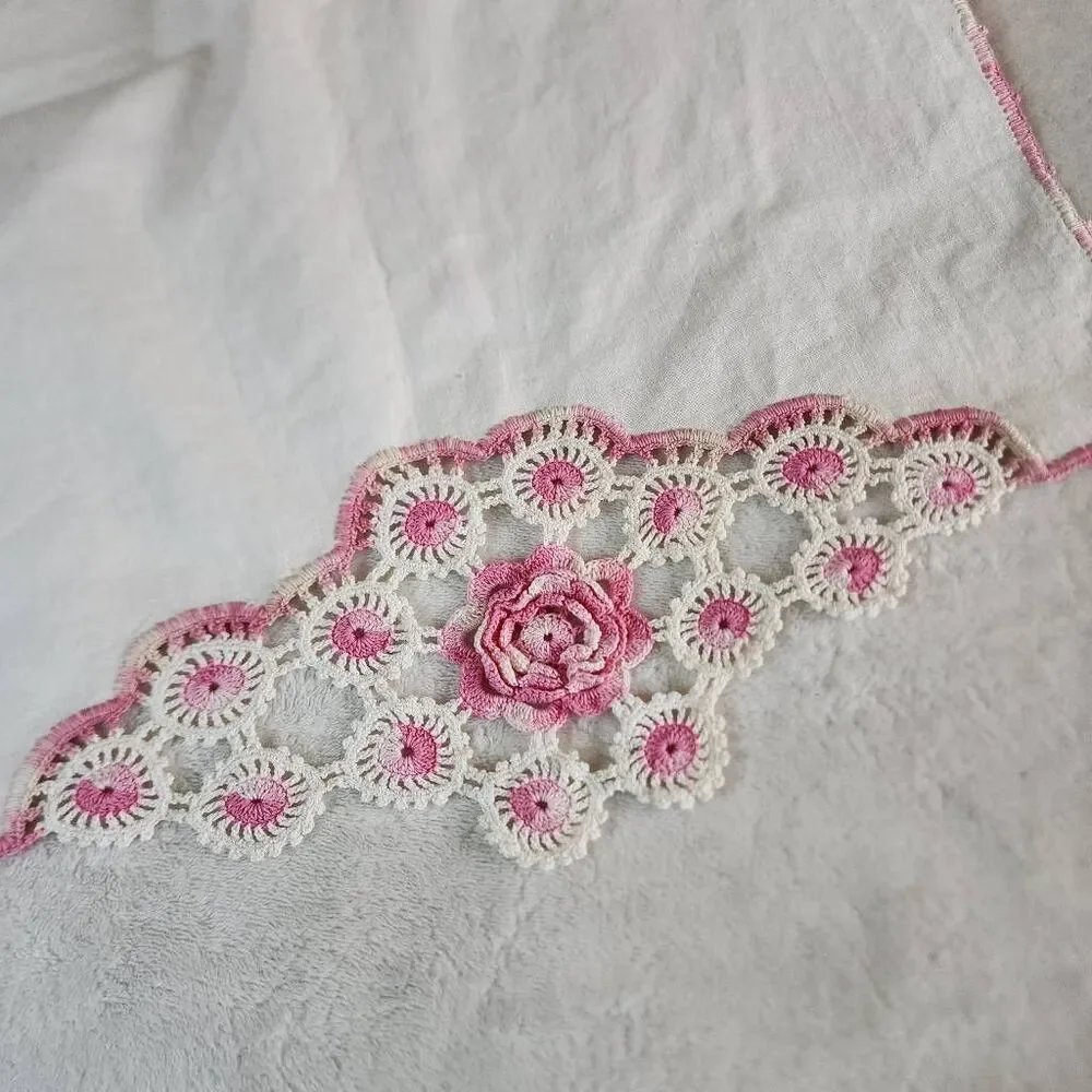 Vintage White Cotton Table Runner With Crocheted Edges